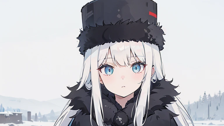 Girl, white hair, Russian, Russian Federation, St. Petersburg, Karelia's plains, Leningrad Oblasts, Winter, Black winter attire, fur, black shapka ushanka (black fur hat), cute, {HD}