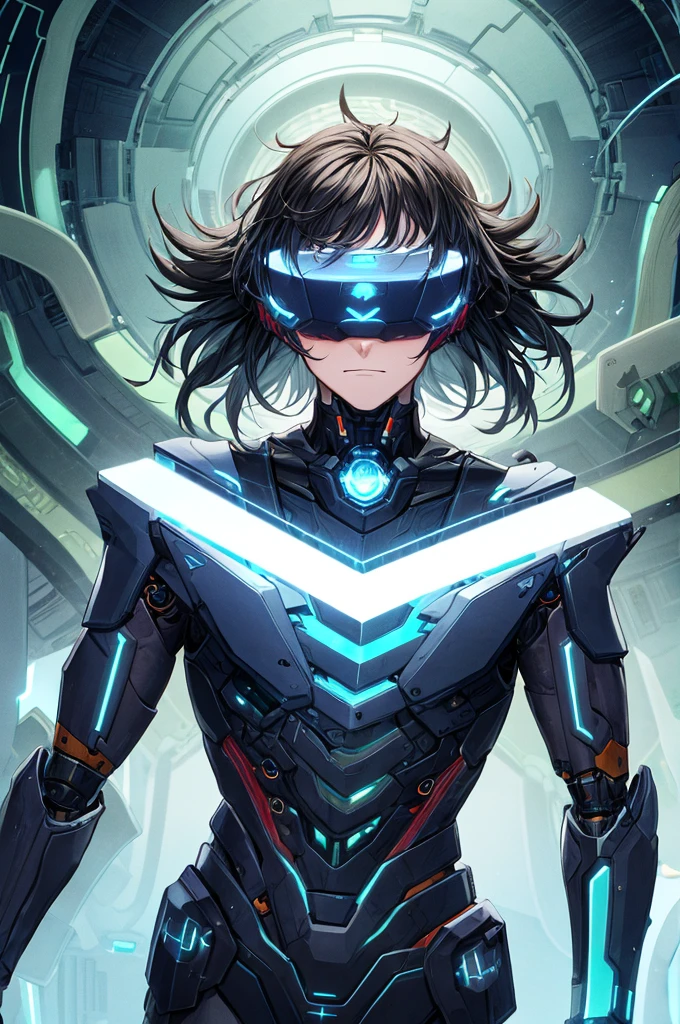 best quality, head-mounted display,
(1 boy), twink, exposed belly, surrounded by azure neon, short black messy hair, short black hair, NodesTech mascara, NodesTech headdress, ethereal hair, multicolored black hair, wearing crop top cyborg armor. 
A handsome teenager with grey eyes and black short messy hair in the process of being turned into a cyborg, in a futuristic lab, wearing futuristic cyborg crop top armor, 
BREAK sci-fi background, detailed background, futuristic lab