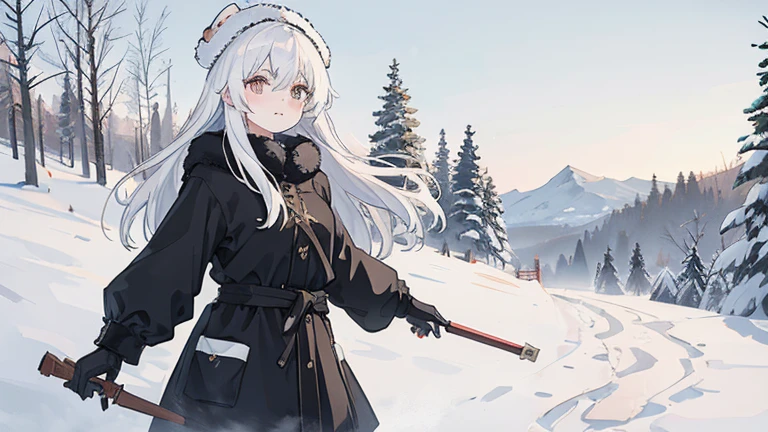 Girl, white hair, Russian, Russian Federation, St. Petersburg, Karelia's plains, Leningrad Oblasts, Winter, Black winter attire, black shapka ushanka, cute, {HD}