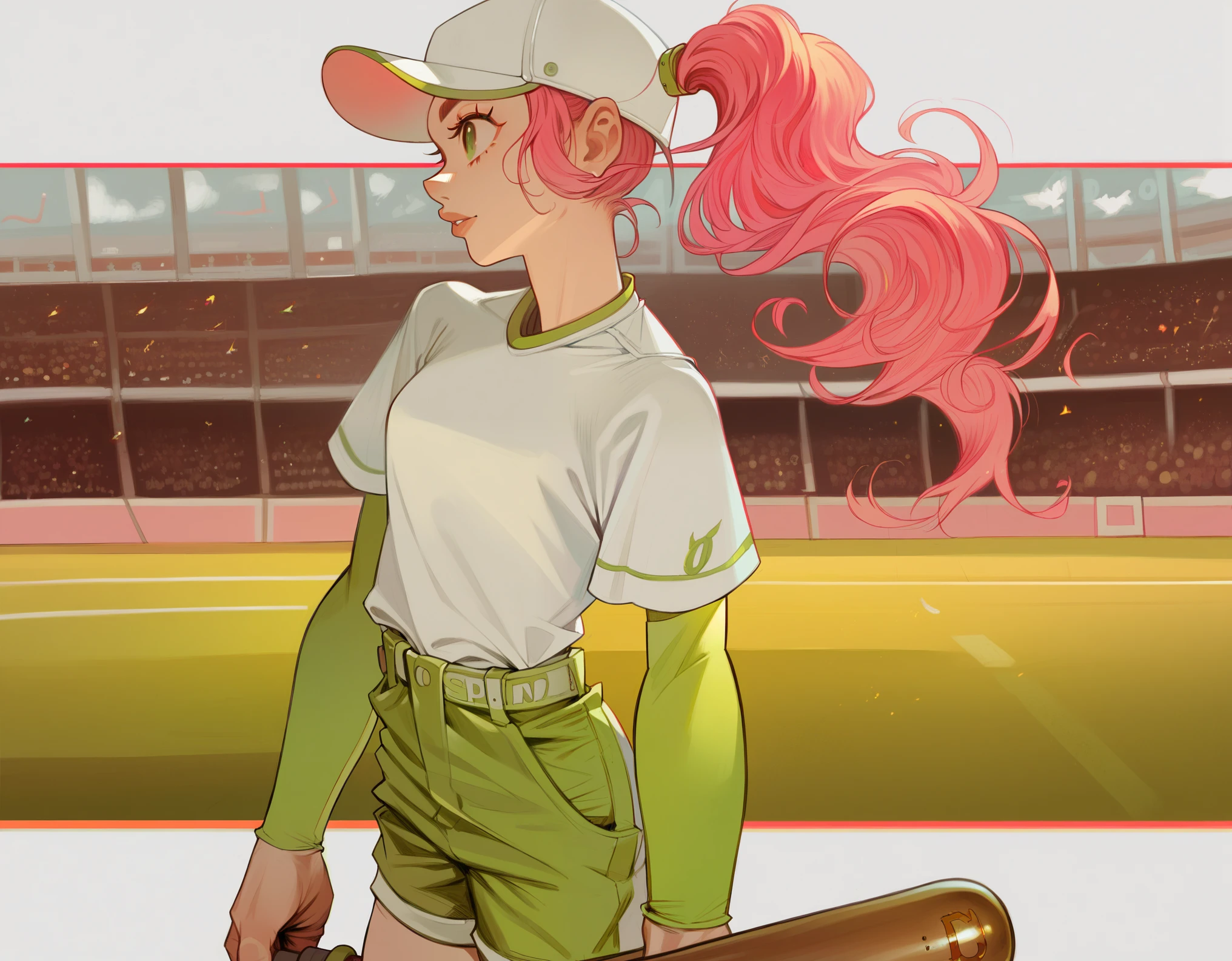 score_9, score_8_up, score_7_up, score_6_up, 1girl, baseball hat, white raglin shirt with green sleeves, buxom, green shorts, pink hair in ponytail, green eyes, holding baseball bat in both hands, stadium background, lot of people in background, bokeh, high resolution, high quality, super detailed, sharp focus, ultra realistic, perfect lighting, perfect colors, perfect perspective, balanced composition, award-winning photographer, photo-realistic, ultra realistic