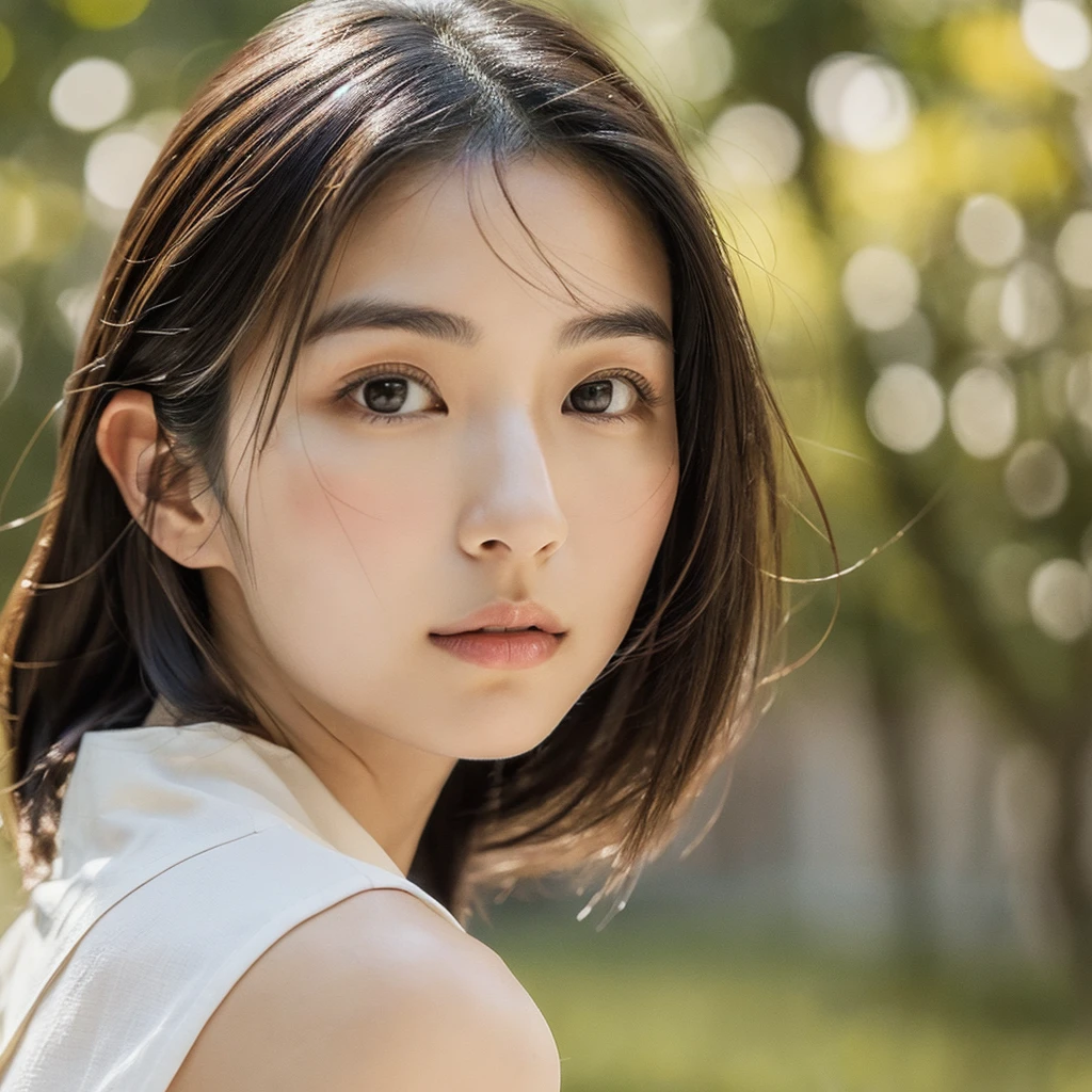 A hyper-realistic image of a single Japanese woman in her early 20s, with distinct features that remain consistent across images: she has straight, glossy black hair that falls to her shoulders, deep brown almond-shaped eyes, a slightly upturned nose, and full, naturally shaped lips. Her skin has a warm beige tone with realistic texture, visible pores, fine lines, and small imperfections to enhance authenticity. She is depicted in a [setting], captured in ultra-high-definition 4K resolution, with natural lighting that softly illuminates her, creating gentle shadows that add depth and realism. The scene includes detailed background elements with natural depth and a slight depth-of-field effect to add focus and realism. The use of subtle motion cues, like a breeze in her hair or a gentle expression change, combined with a slight film grain effect, adds to the lifelike appearance. This consistent facial structure should be maintained across all generated images.