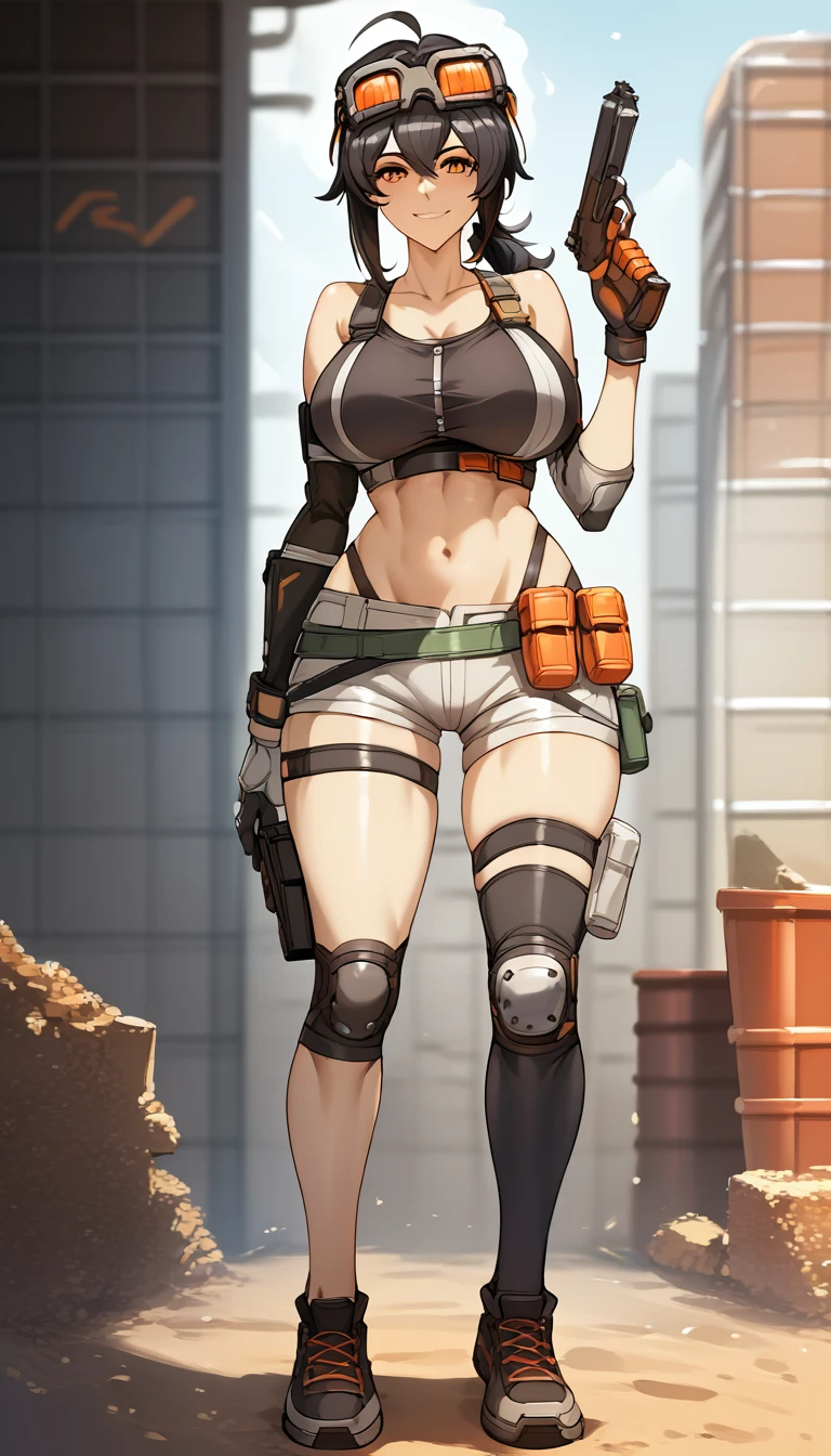 ultra-detailed, 1girl, grace, Zenless Zone Zero, (best quality), ((masterpiece)), (highres), 16K, orange eyes, perfect face, short hair, black hair, low ponytail, ahoge, goggles on head, wearing black crop top, wearing bootyshorts, black thighhighs, thigh straps, knee pads, holster, asymmetrical gloves, belt, sports shoes, busty body, large breasts and a beautiful ass, showcasing cleavage, legs, hips, gun, holding gun, looking at viewer, smile, detailed full body, thigh details, construction site background