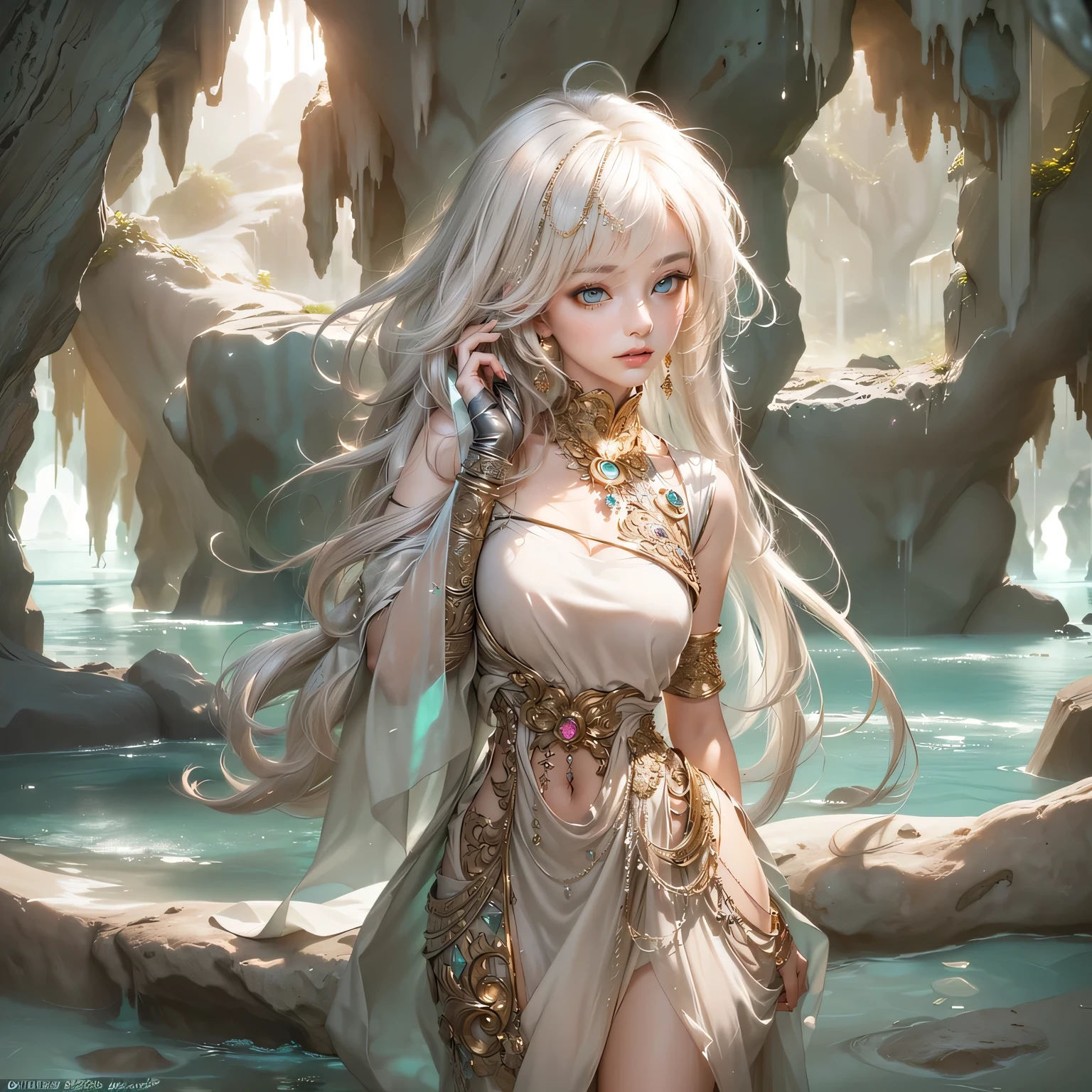 "In the heart of the Cave of Wonders, a girl with flowing hair explores the breathtaking underground grotto. She is surrounded by enormous, glistening gemstones, their vivid colors casting a magical allure. The play of light and shadows adds depth and mystery to the scene.