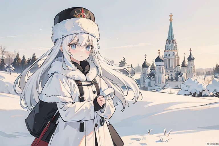 Girl, white hair, Russia, Soviet Union, St. Petersburg, Karelia's plains, Leningrad Oblasts, Winter, White and black winter attire, black shapka ushanka, cute, {HD}