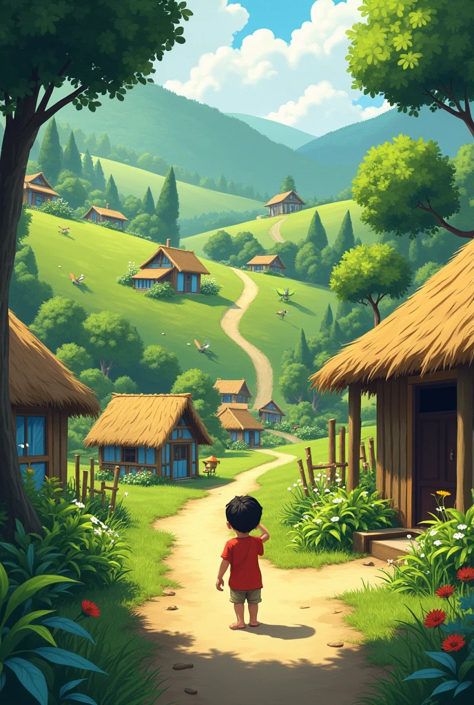 A small village surrounded by vast forests, with wooden houses and villagers going about their daily tasks. In the foreground, a mischievous young boy named Pedro is playing near the village, with a sly smile on his face. The scene captures the essence of a peaceful yet lively rural setting.