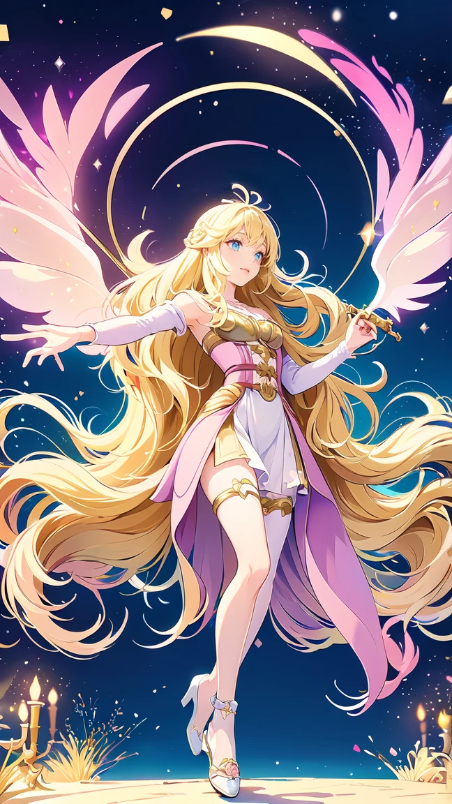 "Anime style digital fanart, fantasy rpg, with mature female bard as main character. The girl is in a full body pose, front view, Emanating a combination of elegance and tenderness characteristic of the kawaii style. Wear a fluid and vibrant outfit, decorated with magical and musical symbols that glow softly, highlighting its connection with music and magic. Her long, wavy blonde hair has pastel shades that reflect her cheerful personality.. The focal point of your outfit is your shoes.: delicate transparent crystal slippers with small heels, which give it an ethereal and fairy-tale appearance. The sneakers shine like glass, adding to the magical atmosphere of the stage. In one hand he holds a lute, ready to play a melody or cast a spell. Her large, expressive eyes convey confidence., as if he were about to perform a magic performance. The style mixes kawaii elements with traditional anime fantasy.. genshin impact style"