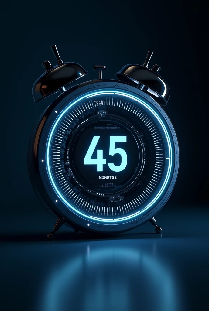 A circular alarm clock representing forty-five minutes,闹钟是Glowing lines感,There is a mechanical feel,Be tech-savvy,Glowing lines,The background should be blue and black,Clean background,Beautiful light and shadow