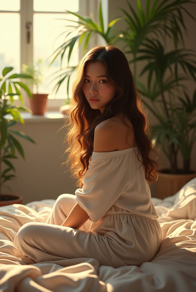 on bed, wearing loose off-shoulder top, pajama pants, long curly hair, indoors, soft lighting, plants in background, window with