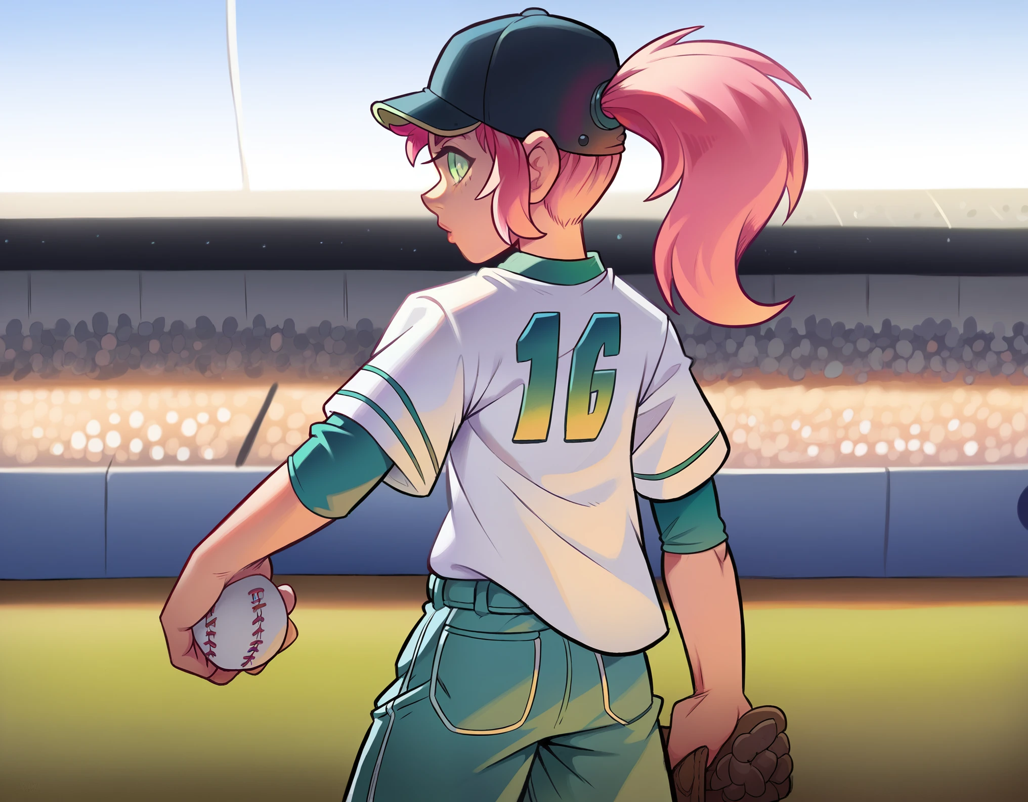 
score_9, score_8_up, score_7_up, score_6_up, 1girl, baseball hat, white raglin shirt with green sleeves, buxom, green shorts, pink hair in ponytail, green eyes, stadium background, lot of people in background, bokeh, high resolution, high quality, super detailed, sharp focus, ultra realistic, perfect lighting, perfect colors, perfect perspective, balanced composition, award-winning photographer, photo-realistic, ultra realistic


