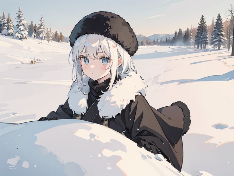 Girl, short white hair, tomboy Russia, Soviet Union, St. Petersburg, Karelia's plains, Leningrad Oblasts, Winter, White and black winter attire, black shapka ushanka, cute, {HD}