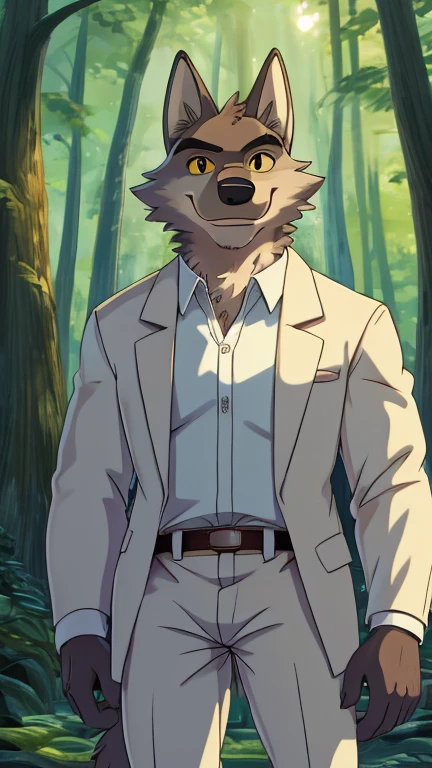 (male, solo, wolf), highly insanely detailed, masterpiece, top quality, best quality, highres, 4k, 8k, RAW photo),((innocent look)),((ghibli style)),From the front, symmetrical composition,smile,cute,Innocent,Kind eyes,Flat chest,digital art Style, forest, (mr wolf),front view, Upper body, shirt, long sleeves, standing, (white jacket), white shirt, male focus, open clothes, collared shirt, belt, pants, open jacket, formal, suit, shirt tucked in, brown belt, body fur, (white pants), yellow sclera, two-tone fur,