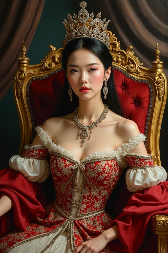 A royal portrait, a beautiful woman dressed in a pretty wine-colored dress, with a lot of jewelry, her crown, having white skin, a Victorian box with gold borders
That it is in the interiors of the royal house, that she is sitting on her throne, that she looks half-length