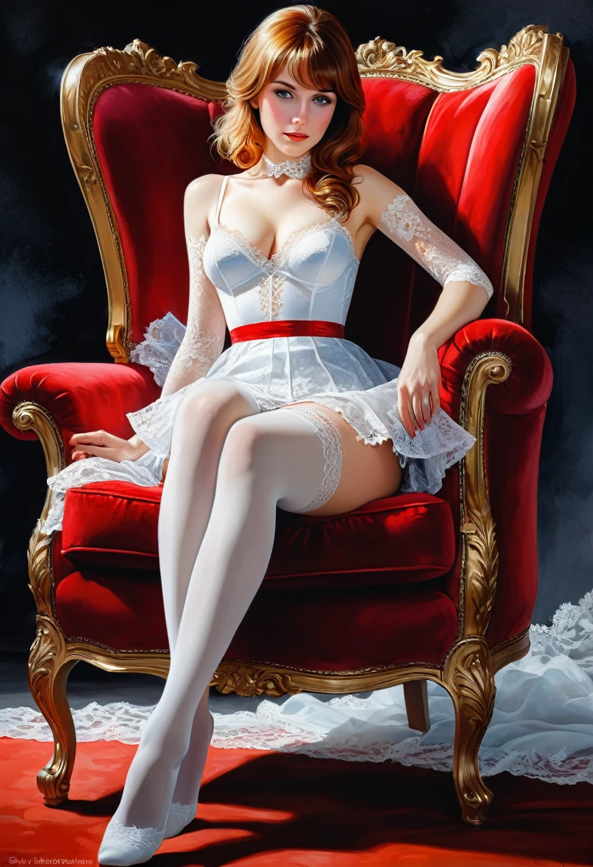 best quality, masterpiece, by Jessie Willcox Smith, condescending, aroused, bright colors, (pixie cut), nude, beautiful faerie (queen:1.2) sitting on the (huge throne), crown, collar, long sleeves, thighhighs, (detailed labia, vagina), (spread legs), big breasts, forest, (looking at camera:1.2), nipples, (strong, athletic), sarcastic smile, <lora:50s_Ad:0.8> vintage ad style, magazine cover, retro_artstyle,