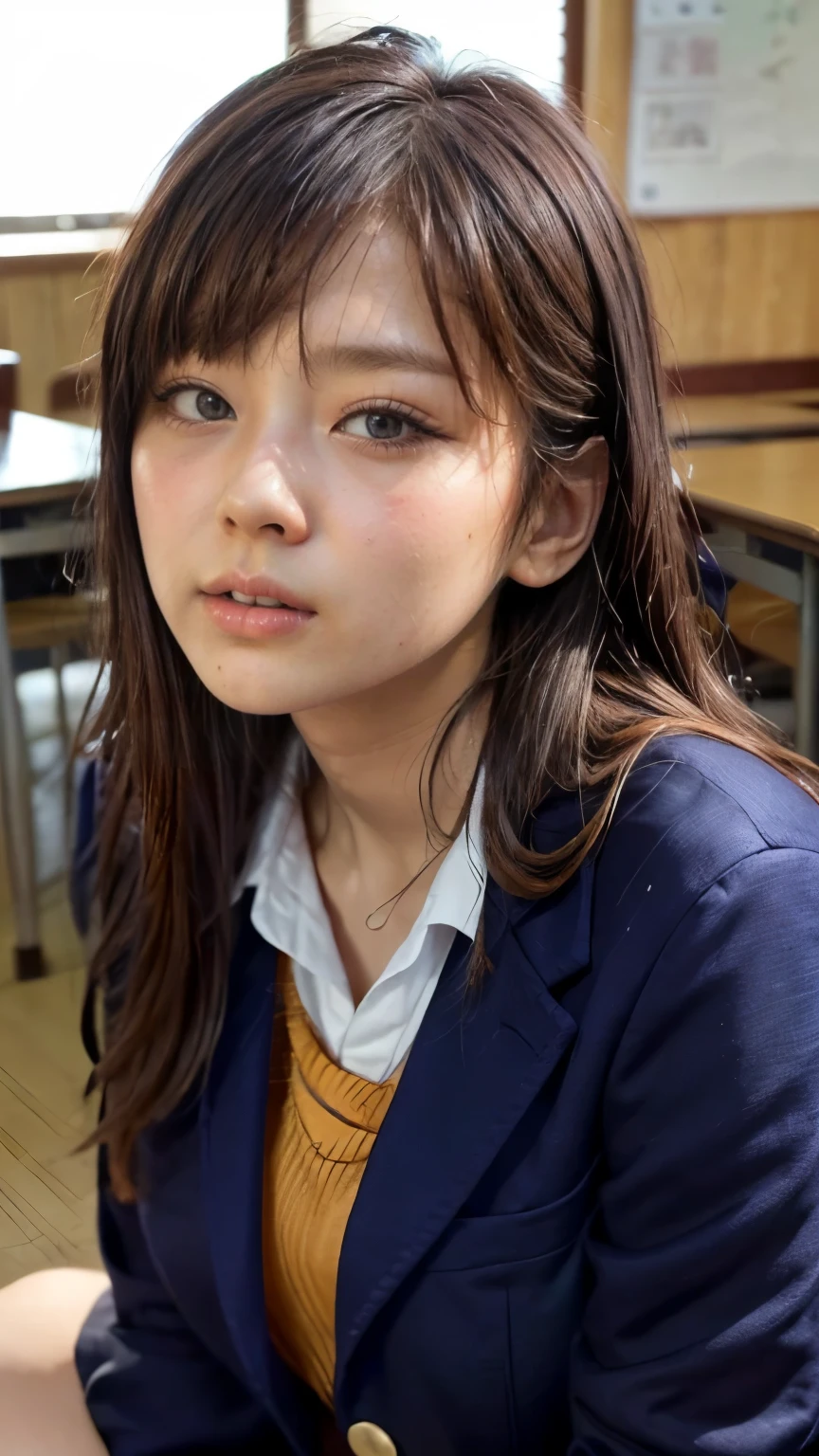  (Black Hair、Long Hair、Bangs Bangs:1.5、Straight Bangs:1.5、Looking up)、View from above:1.3、(Japanese school classroom)、Cleavage、(Realistic、As shown in the picture、Live Action、8k, Realistic, RAW Photos, Best image quality: 1.4), SLR camera、RAW Photos, Best Quality, Realistic, Highly detailed CG Unity 8K wallpaper, Written boundary depth, Cinematic Light, Lens Flare, Ray Tracing, Realistic background、((Japanese School Uniform、Navy blue blazer、Navy blue mini skirt))、I like that style、stylish、Very detailed、Pay attention to the details、Perfect outfit、(Sunburned skin)