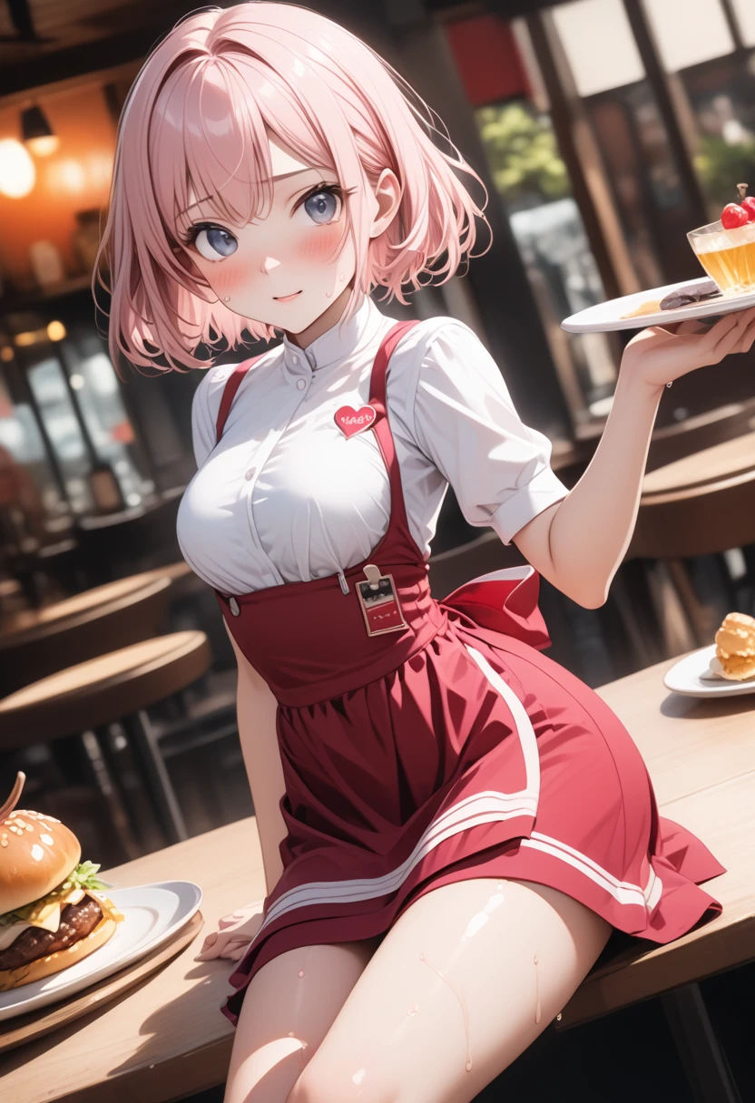  (((anna miller, Waitress Uniform, red high-waist skirt, Heart-shaped name tag on suspenders skirt, apron, restaurant))),, ((Shiny Costumes)), ((skindentation)), skinny, solo, 1 woman, Masterpiece, highest quality, highest quality, 16K, incredibly absurd, highly detailed, 2.5D, ai-generated, delicate and dynamic, very delicate facial expressions, delicate eye depiction, erotic, only sexy woman, ((A cute and kind face)), healthy figure, ((1 woman)), 160cm tall, medium firm swaying bust,  (short hair), (pink hair:1.5), bob cut, black eye,, blush, Sweat,Embarrassed,sexy, ((thin thighs)), shiny and lustrous, facing straight at viewer, (((in heat))), ((Oily_skin)), ((Lots of sweat)), ((dutch angle)), ((erotic pose)), (((Dynamic Pose))), (camel toe:0.5), (visible nipples:0.5), (Erect nipples:0.5), Bright sunny park,