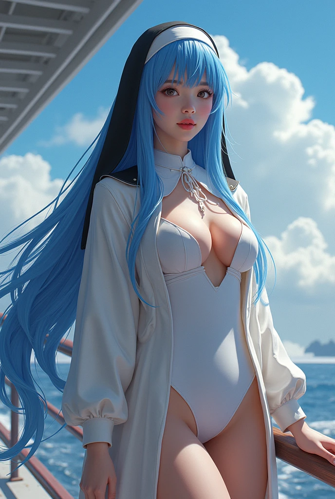 （Enrich the picture，Masterpiece level quality）Beautiful 8K CG artwork，Goddess-like posture，Kneeling exercise，Slim and soft，Translucent skin，Aqua blue hair、The aesthetic look of extra-long hair and messy hair，The skin is fair and juicy，Big JK Uniform，Perspective Part 1.2x enhanced silhouette effect，Exquisite transparent blues pattern in pajamas，The details are intricate and exquisite，The background is slightly blurred，Charming and lustful leg seduction，Drool，Extra-large big breasts，Blush，