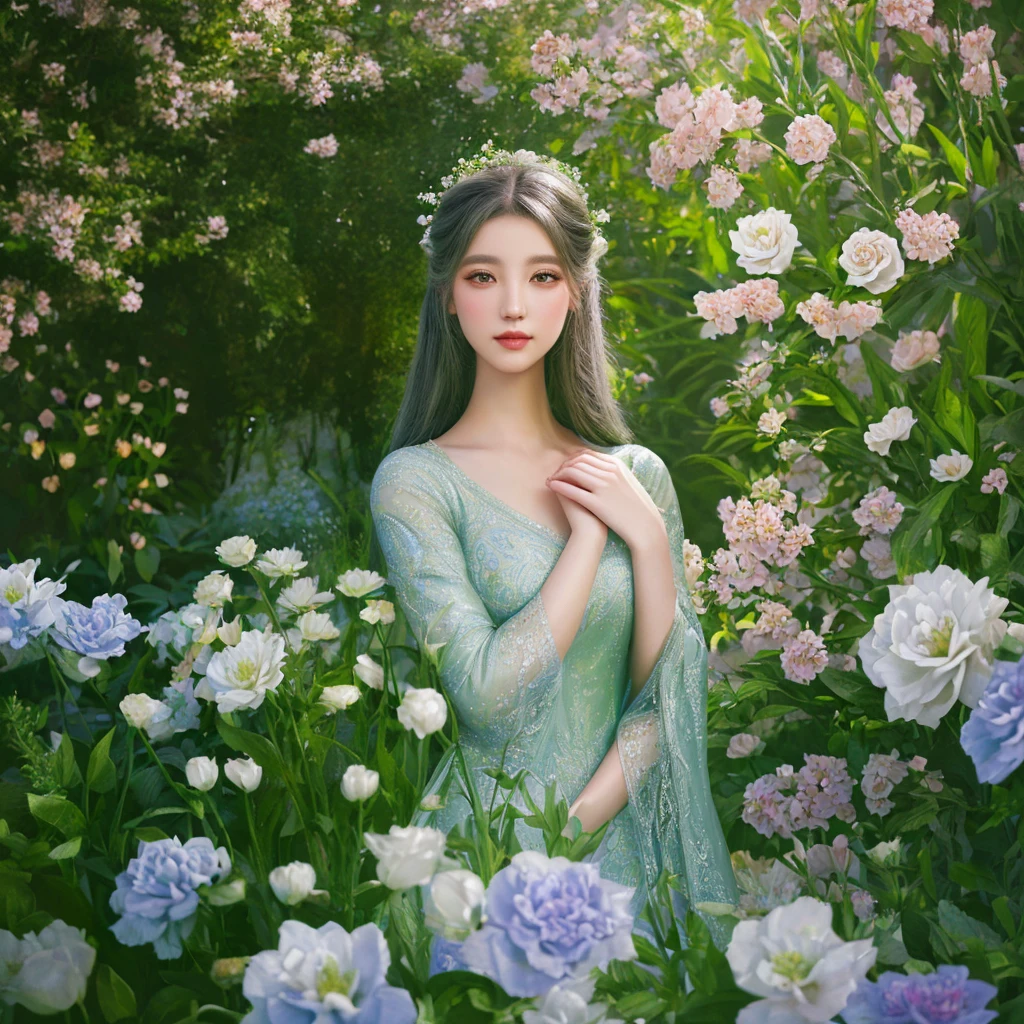 a high quality 4k digital painting of a girl in a realistic garden, beautiful detailed eyes, beautiful detailed lips, extremely detailed face, long eyelashes, elegant dress, cinematic lighting, vibrant colors, fantasy, surreal, dreamlike, ethereal, magical, whimsical