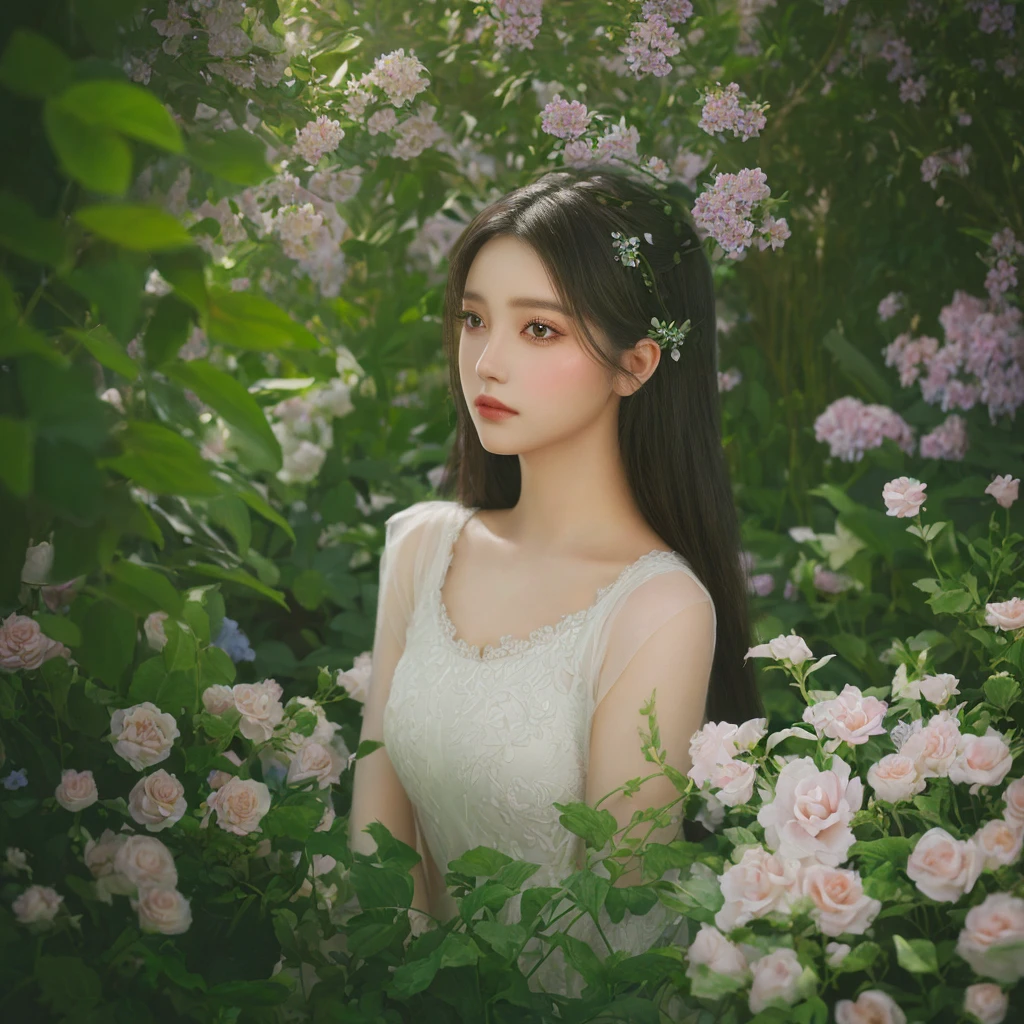 a high quality 4k digital painting of a girl in a realistic garden, beautiful detailed eyes, beautiful detailed lips, extremely detailed face, long eyelashes, elegant dress, cinematic lighting, vibrant colors, fantasy, surreal, dreamlike, ethereal, magical, whimsical