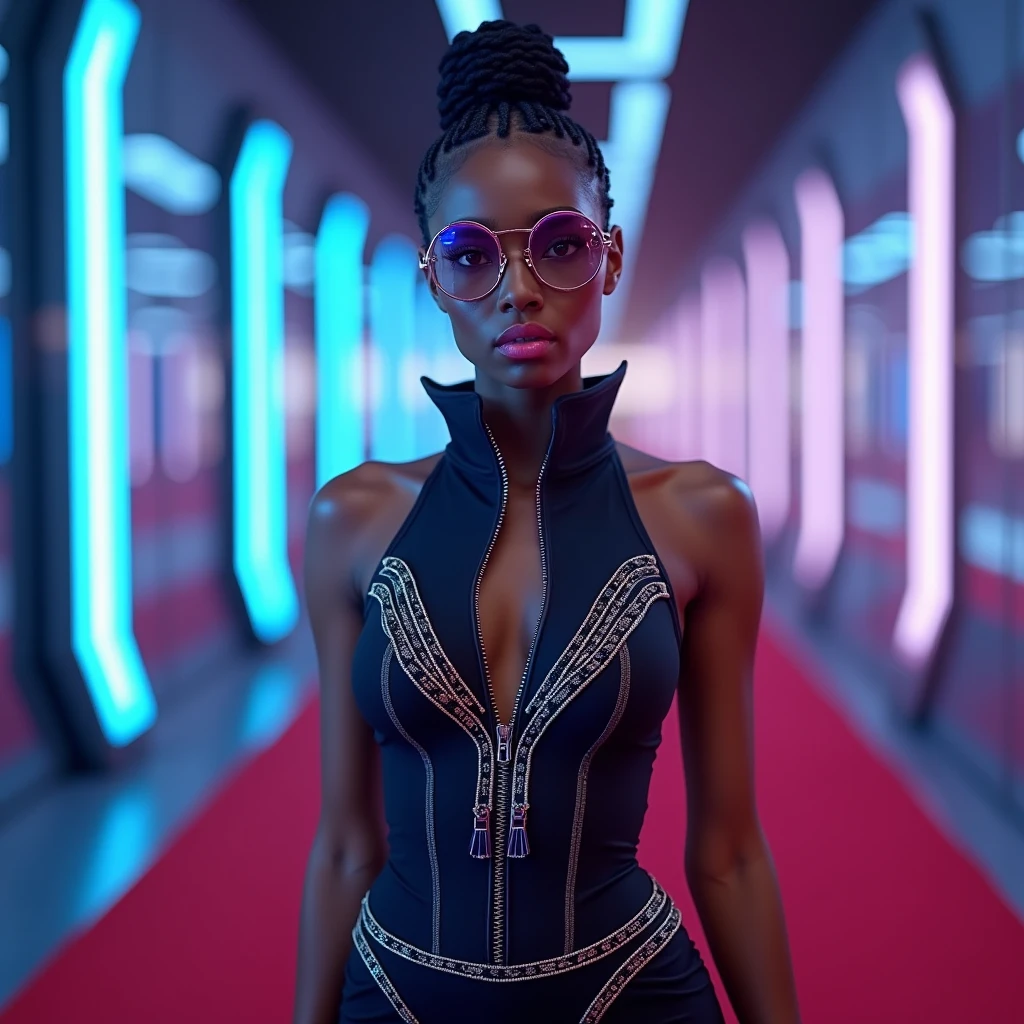 Aerial view shot of A black woman standing in a maze of various coloured cloths, with iridescent light, ultra HD, unreal engine rendered, cinematic lighting, artgerm style, bright and vibrant colours
