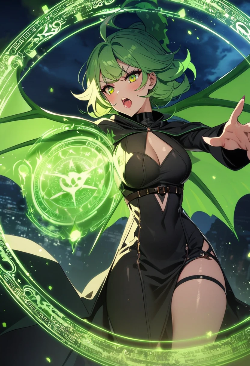 1 girl、Silver short hair、Hollow, glowing red eyes、Fantasy、witch、((黒とGreen clothes))、((Green clothes))、Aggressive design、Cape、Yellow decoration、accessories、Villain、Magical Items、whole body、Mysterious Forest、Wind Magic、Dark Magic、Dark Aura