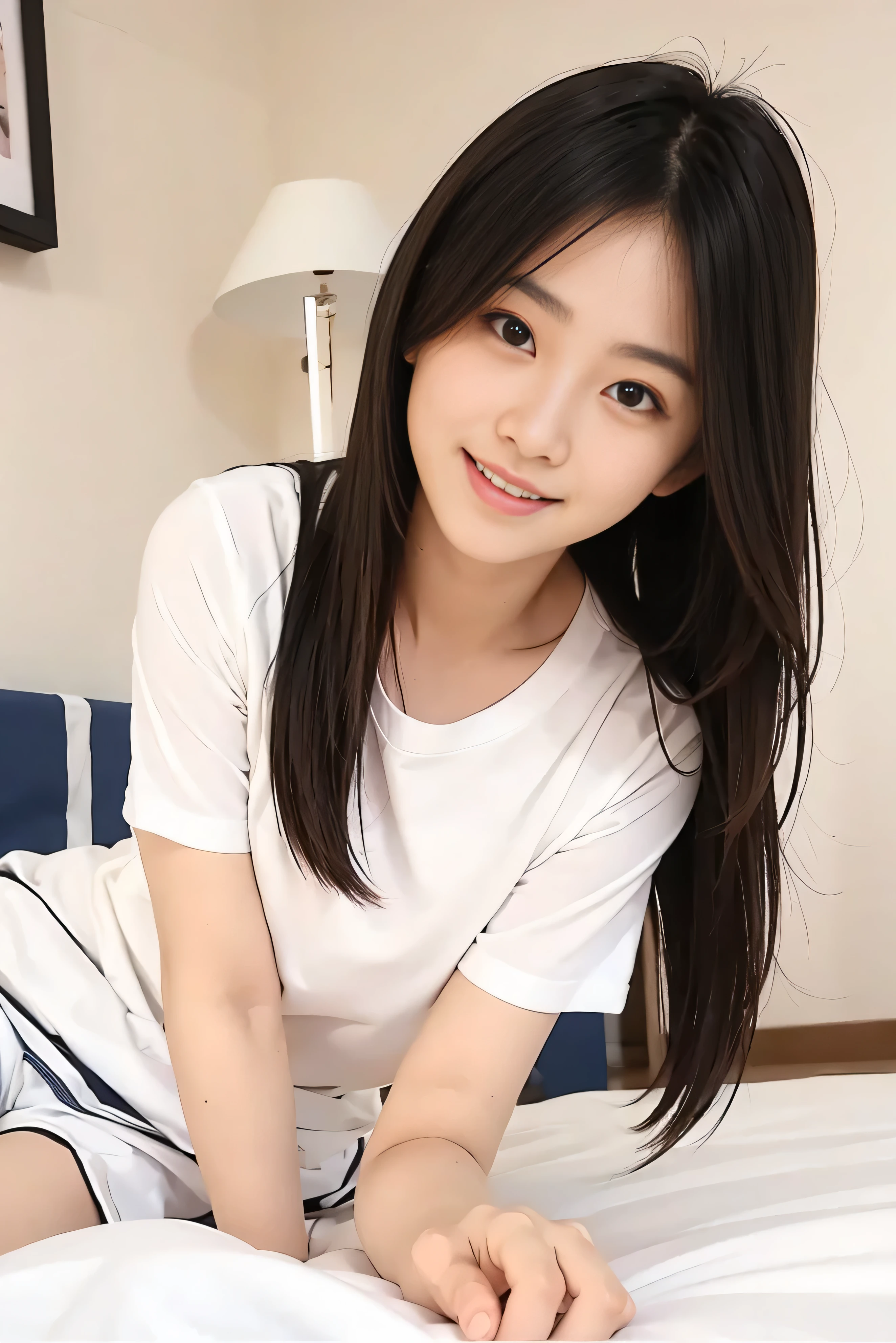 Lying on bed, smile, wear plain white tshirt, pretty