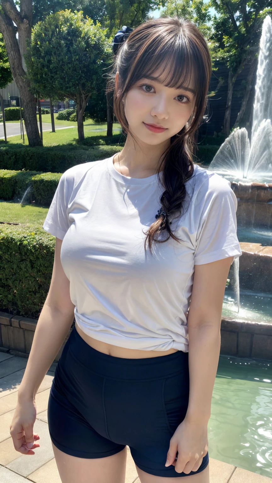 alone、high school girl、White skin、Natural Makeup、Black Hair、bangs、Straight Long Hair、(((White short-sleeved T-shirt on the upper body)))、(((Long white gym clothes)))、(((Very tight bloomerid rise bloomers)))、(((Navy Bloomer)))、(((Tuck the bottom of your gym clothes into your bloomers)))、Big Breasts、Big Ass、(((School grounds)))、(((Realistic fingers)))、(((Realistic style)))、((Perfect figure))、(((upright)))、(((Looking Ahead)))