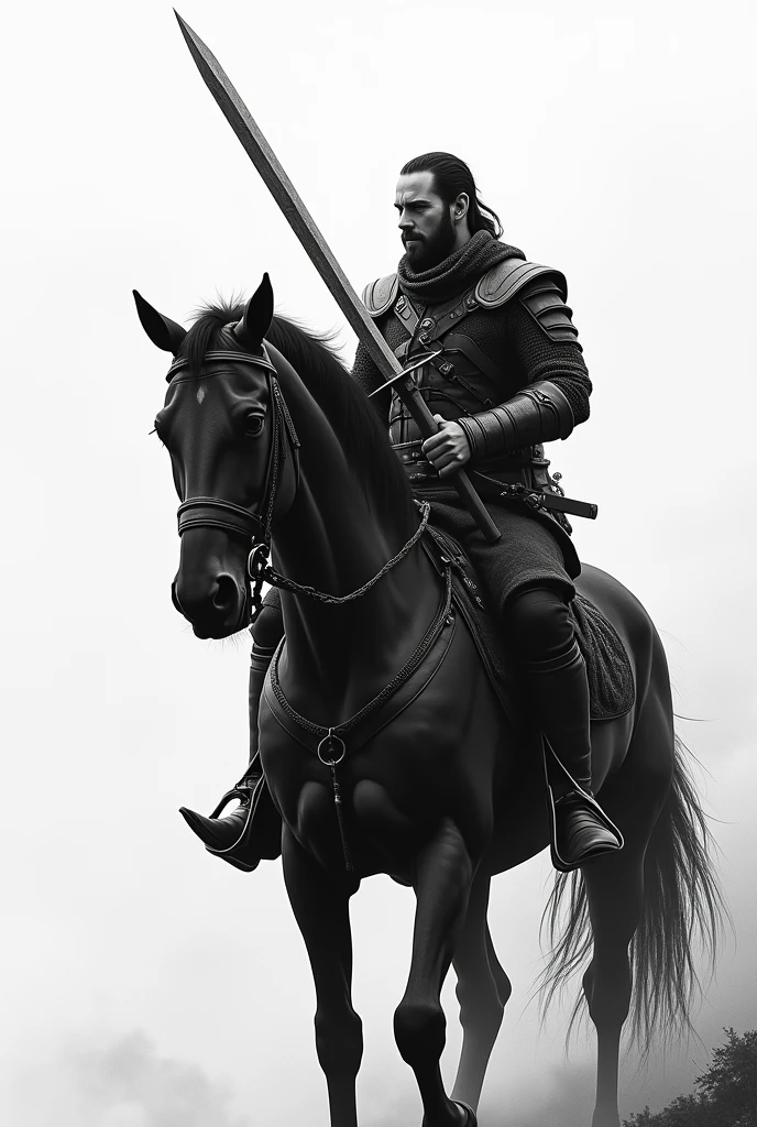 A strong fighting man riding on a black horse, with sword in hand and arrows , hiding face in black hoodie, in dark raining in war field in ancient times