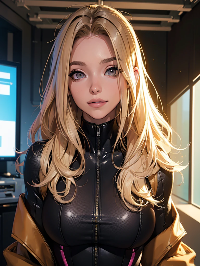 ((((masterpiece, best quality, high resolution)))), Extremely detailed 8K, Beautiful girl with slender body, e-girl, (Ultra HD, Ultra-detailed, Highly detailed, Highly realistic, Ultra-realistic, photograph realistic), (1girl:1.5), (Realistic blonde hair with dark roots), wavy hair,,(dark makeup, pink eyeshadow), facing at camera, light smile,  , coy grin, slender body,  (cyberpunk), sydney sweeney,, slim, (black and ochre bodysuit)