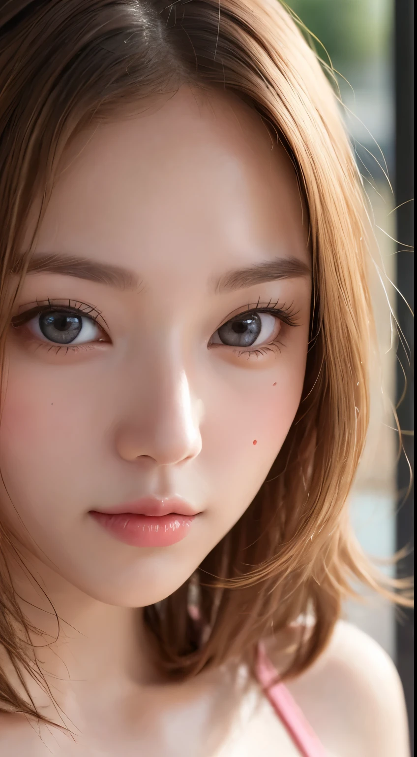 solo、Beautiful big breasts、Light brown eyes, Light blonde,Shortcuts、Beautiful Girl, (Eye and facial details:1.0)、Sunburned skin、Beautiful thick pink lips、close-up of face、Lots of sweat、See who's watching、Upper Body、Close-up、Close-up