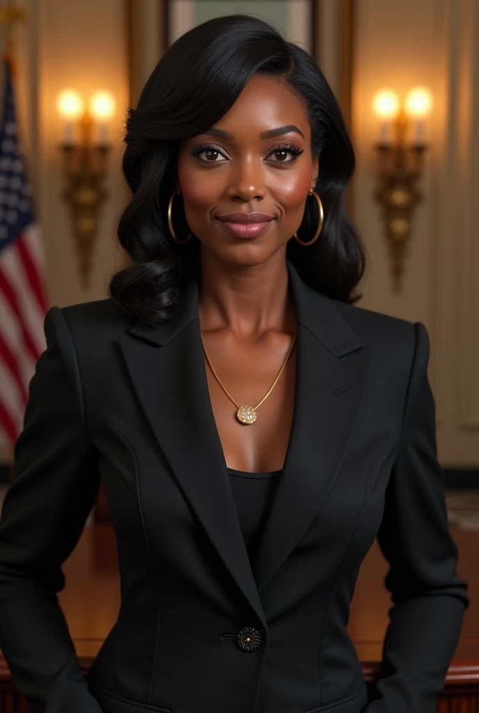 candaceowens, a woman standing up, american flag in background <lora:candaceowens:1>