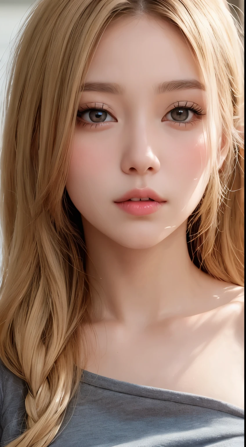 solo、Beautiful big breasts、Light brown eyes, Light blonde,Shortcuts、Beautiful Girl, (Eye and facial details:1.0)、Tanned, wheat-colored skin、Beautiful thick pink lips、close-up of face、Lots of sweat、See who's watching、Upper Body、Close-up、Close-up