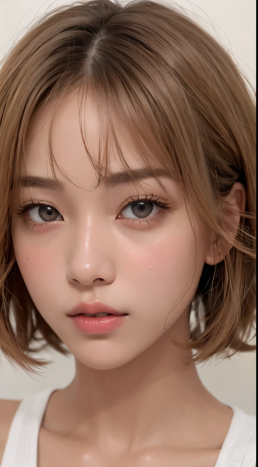 solo、Beautiful big breasts、Light brown eyes, Light blonde,Short Bob Hair、Beautiful Girl、Tanned dark skin、Beautiful thick pink lips、close-up of face、Lots of sweat、See who&#39;s watching、Upper Body、Close-up、Close-up