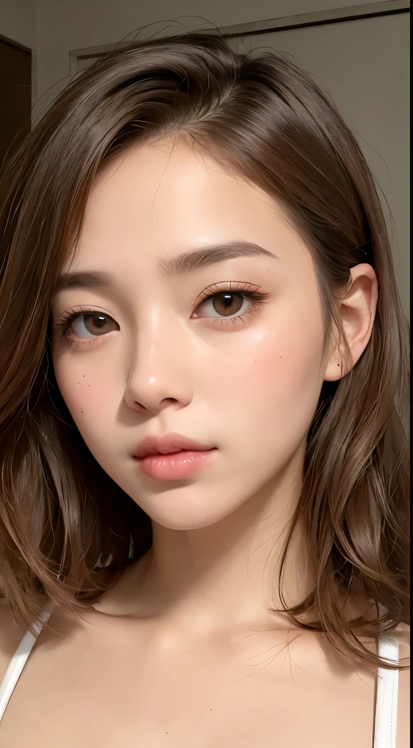 solo、美しいLarge Breasts、Light brown eyes, Light brown hair,Short Wavy Hair、Beautiful Girl、Tanned dark skin、Beautiful thick pink large lips、Large Breasts、close-up of face、Lots of sweat、See who's watching、Upper Body、Close-up、Close-up