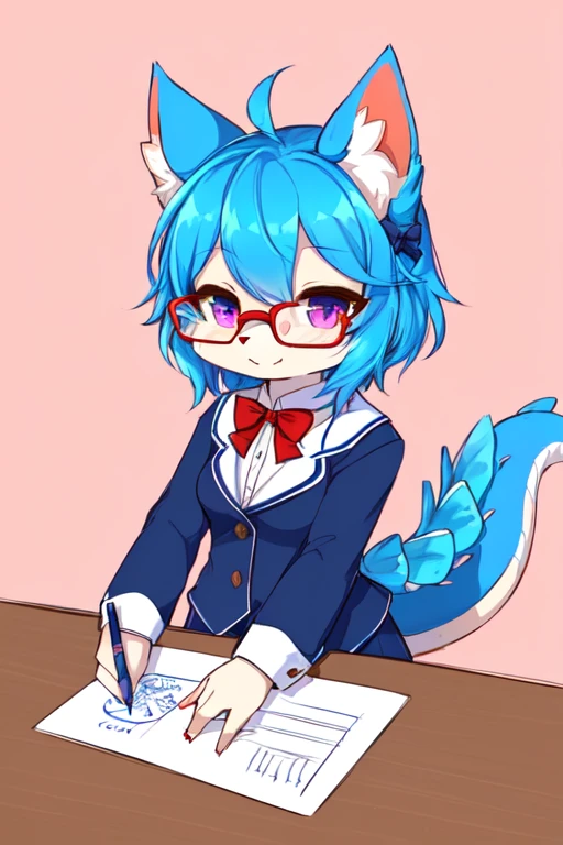 drawing of a cat with a bow and glasses on a table, as an anthropomorphic dragon, a cute little blue dragon, high quality colored sketch, colored sketch, professional furry drawing, but as an anthropomorphic dragon, fully colored, fursona!!!!, colored drawing, character adoptable, chibi monster girl, colored lineart, full color drawing female furry 