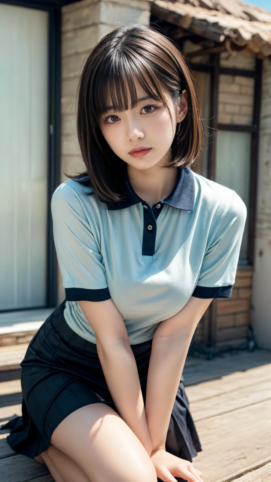 Highest quality、Figures、sexly、Slender、Navy blue open front red polo shirt、sexly非常に詳細、Fine details、Slim Body、Slender、Japanese Girls、High resolution、8k、wallpaper、Perfect dynamic composition、Beautiful fine details、Short Bob Hair、Big natural color lip、大胆なsexlyポーズ、smile、Cold Stare、17-year-old girl、Cute、Lolita、Good eyesight、whole body、Light blue wall、smile、