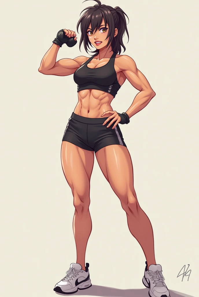high resolution,naked young woman,skinny,Muscular, tall, abs,hazel eyes,red curly hair burgundy,tan skin,Beauty,cute,smile,Looking you,she shows her big muscles