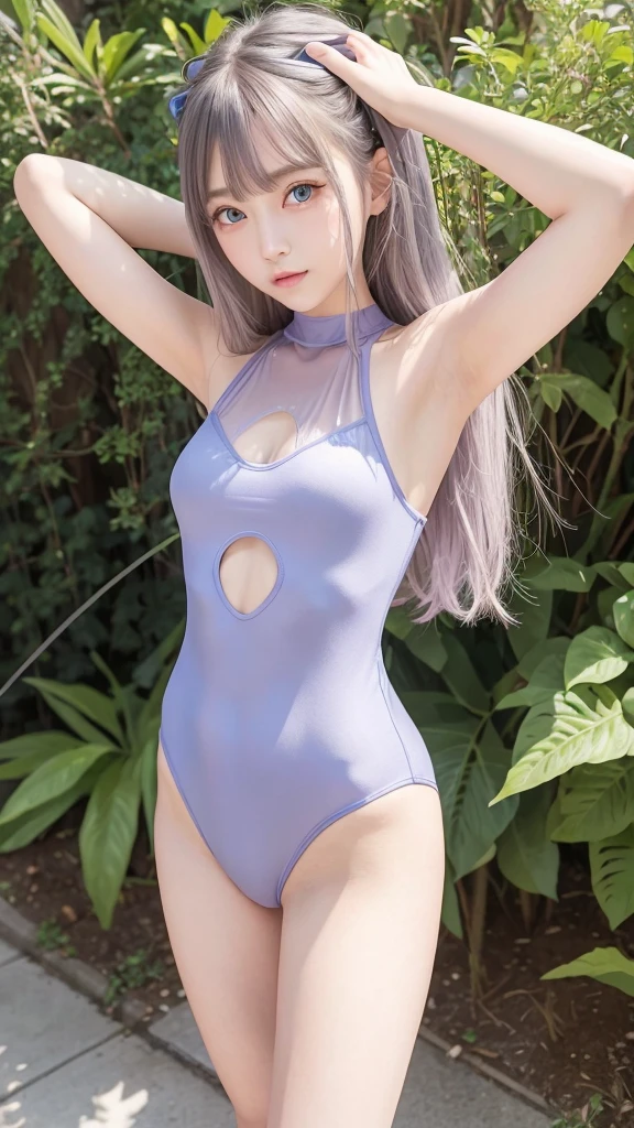 High leg white swimsuit、small tits、eye glasses、poneyTail、green colored hair、Wet and see-through、Open legs