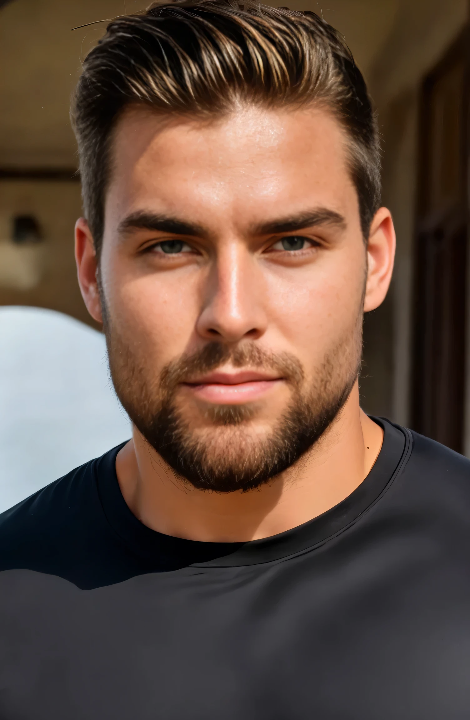 1 muscular man in a tight black t-shirt, tennis and shorts, 30 years,Small beard, Sexy and charming expression,Gloomy eyes,Blue eyes, soft natural light, professional, Formal atmosphere, front view, sharp focus, well balanced exposure. Frontal portrait
