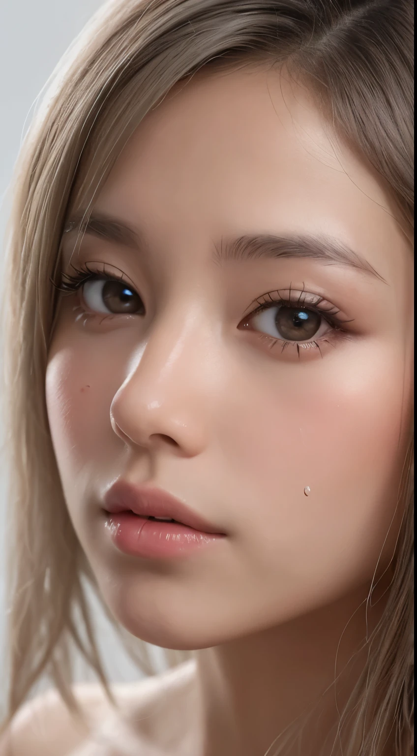 solo、Beautiful big breasts、Light brown eyes, Light gray hair、Short Hair、Beautiful Girl、Tanned dark skin、Beautiful thick pink large lips、close-up of face、Lots of sweat、See who's watching、Upper Body、Close-up、Close-up