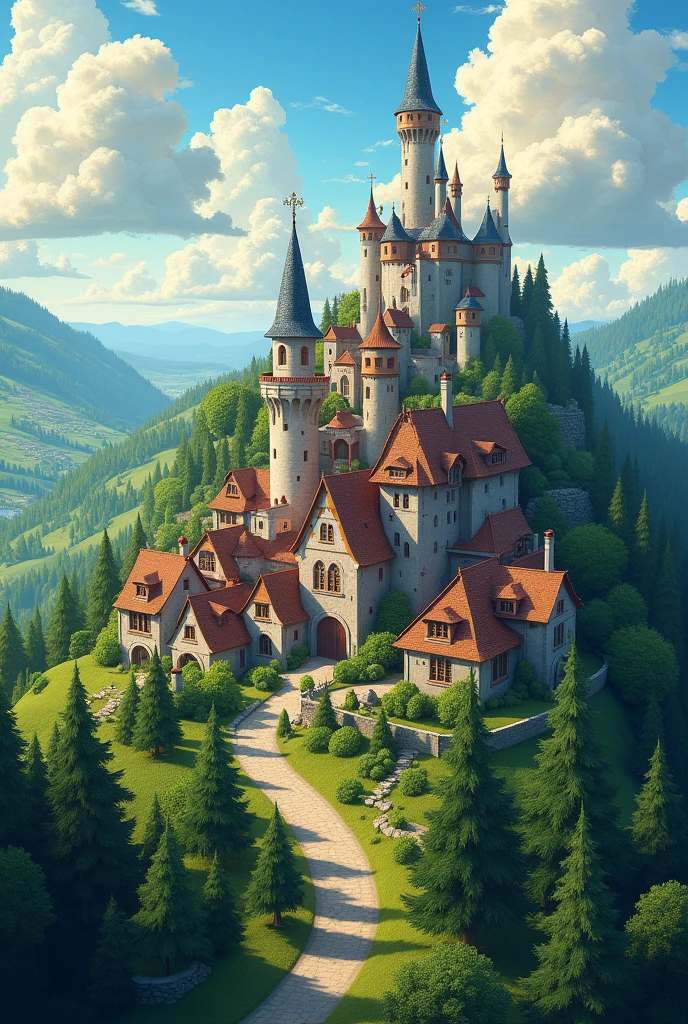 ((masterpiece)),((best quality)),((high detail)),((realistic,)) ((ultra detailed)) landscape of a small medieval town, cartoonist illustration, aeria view, beautiful sky, deformed clouds, 1.3:pine trees, towers.