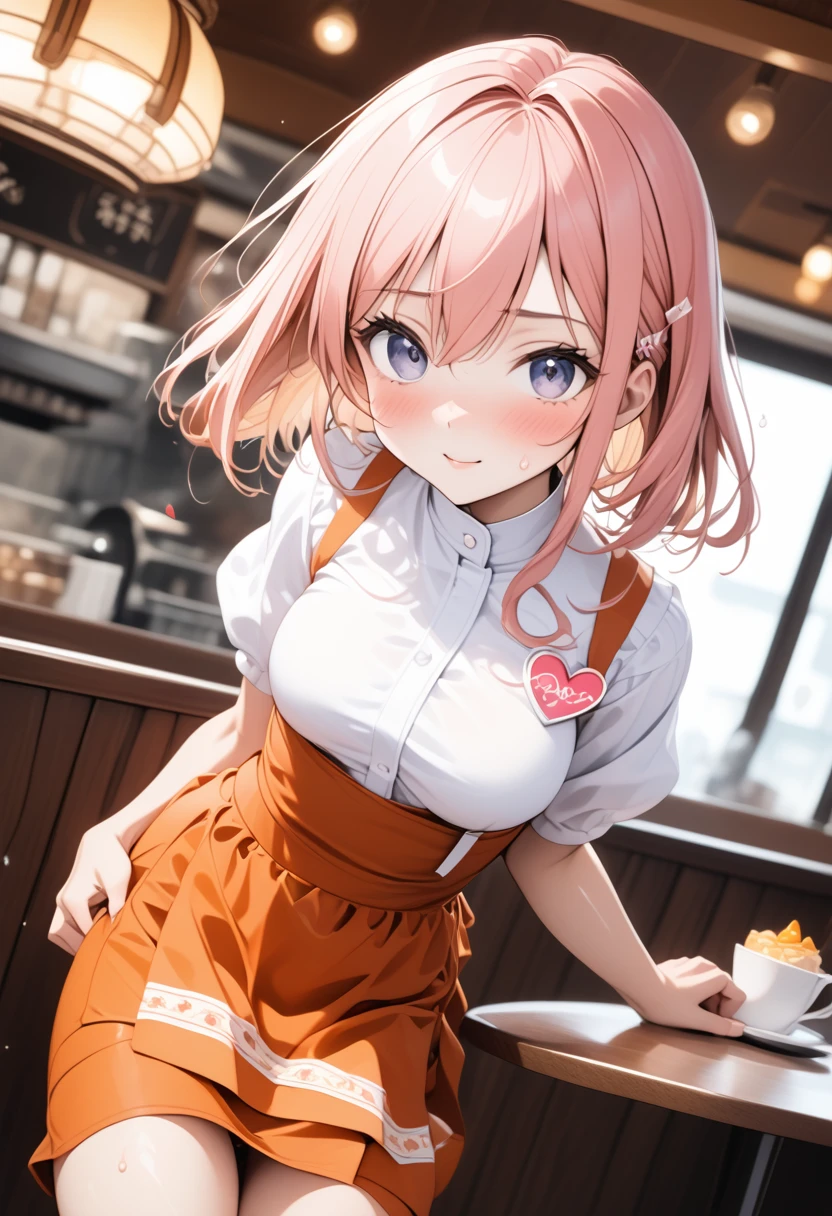  (((((anna miller)), Waitress Uniform, Orange high-waist skirt, Heart-shaped name tag on suspenders skirt, apron, restaurant))),, ((Shiny Costumes)), ((skindentation)), skinny, solo, 1 woman, Masterpiece, highest quality, highest quality, 16K, incredibly absurd, highly detailed, 2.5D, ai-generated, delicate and dynamic, very delicate facial expressions, delicate eye depiction, erotic, only sexy woman, ((A cute and kind face)), healthy figure, ((1 woman)), 160cm tall, medium firm swaying bust,  (short hair), (pink hair:1.5), bob cut, black eye,, blush, Sweat,Embarrassed,sexy, ((thin thighs)), shiny and lustrous, facing straight at viewer, (((in heat))), ((Oily_skin)), ((Lots of sweat)), ((dutch angle)), ((erotic pose)), (((Dynamic Pose))), (camel toe:0.5), (visible nipples:0.5), (Erect nipples:0.5), Bright sunny park,