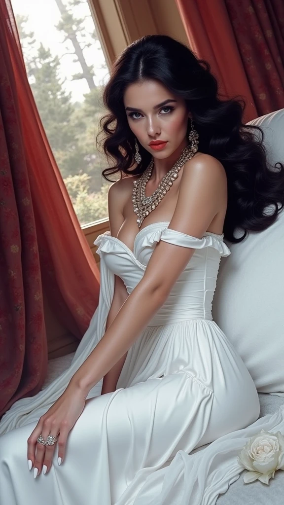 Beautiful attractive mature woman of 55 years,Eyes illuminated in blue light,intense red lips,Long black hair with a sleek, fine hairstyle, with a beautiful and seductive voluptuous body,shapely and long legs,exaggeratedly voluptuous breasts,massive large and enormous. Intense and seductive look looking at the camera,sitting on a huge throne facing forward with a sexy and very seductive pose With a sexy and elegant white shiny silk dress shining in the star lights,with a large and pronounced neckline,A long skirt with a double opening that shows off her legs.
Wearing red emerald earrings and a fine, elegant gold necklace.
In the background you can see a bright aura of energy around it.