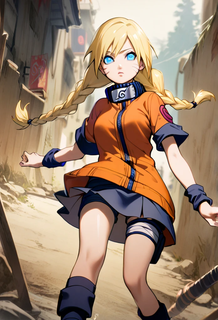 1girl, Alone, blonde hair, Long hair, Breasts, Blue eyes, double braids, Naruto, skirt, short shorts, orange jacket,  kid, genin 