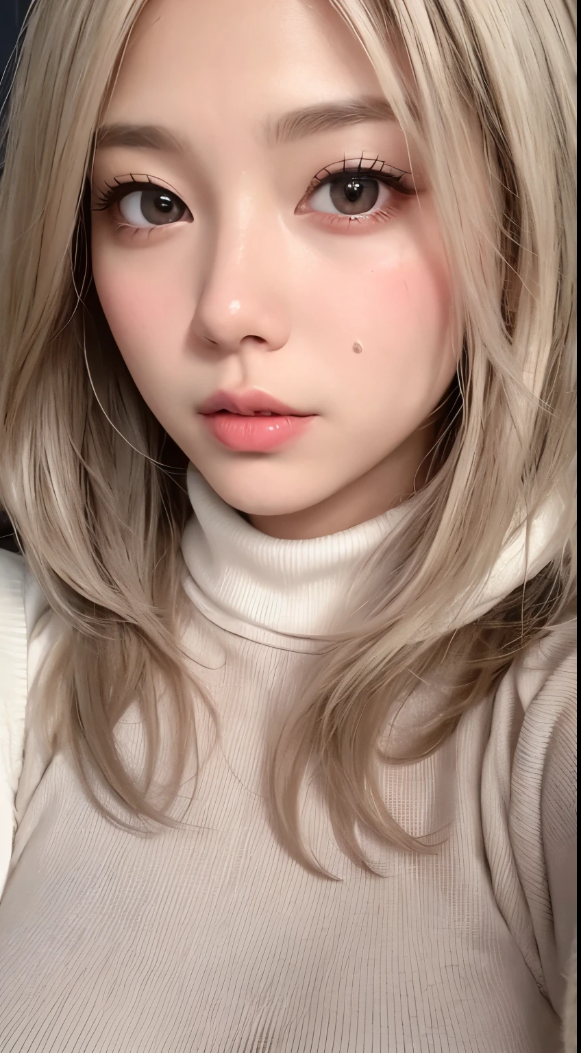 solo、美しいLarge Breasts、Light brown eyes, Light gray hair、Short Hair、Beautiful Girl、Tanned dark skin、Beautiful thick pink large lips、Large Breasts、White knitted turtleneck、close-up of face、Lots of sweat、See who&#39;s watching、Upper Body、Close-up、Close-up