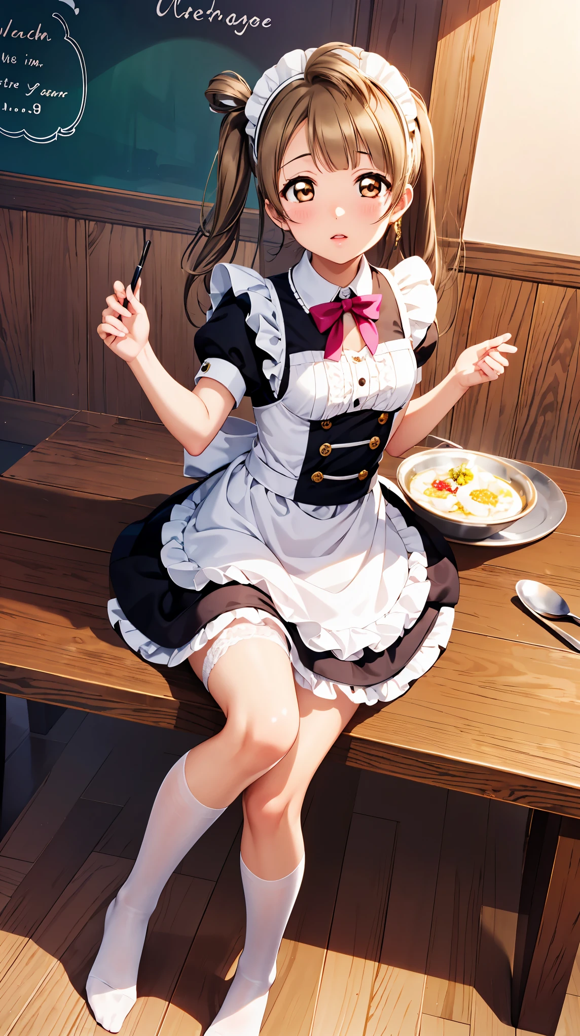 Minami Kotori, one side up, Hairband, Masterpiece quality, high resolution, unity 8k wallpaper, illustration, Delicate eyes, Rich facial details, Highly detailed CG, Glossy lips, Light makeup, maid, Short puff sleeves, small maid apron, Thigh high socks，Broken clothes