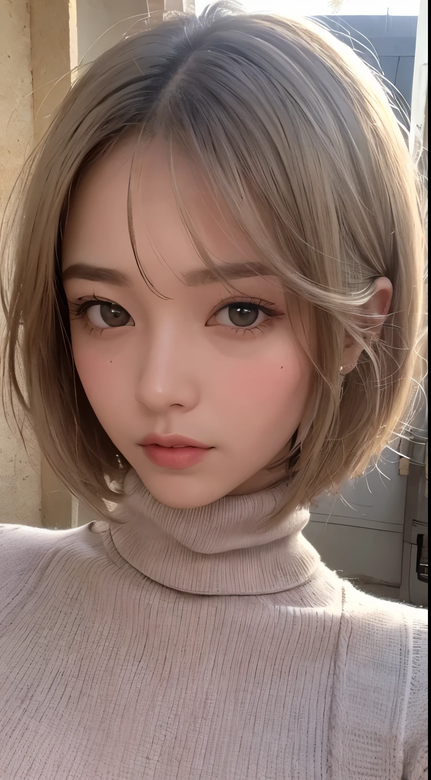 solo、美しいLarge Breasts、Light brown eyes, Light gray hair、Short Hair、Beautiful Girl、Tanned dark skin、Beautiful thick pink large lips、Large Breasts、Sand beige knitted turtleneck、close-up of face、Lots of sweat、See who&#39;s watching、Upper Body、Close-up、Close-up
