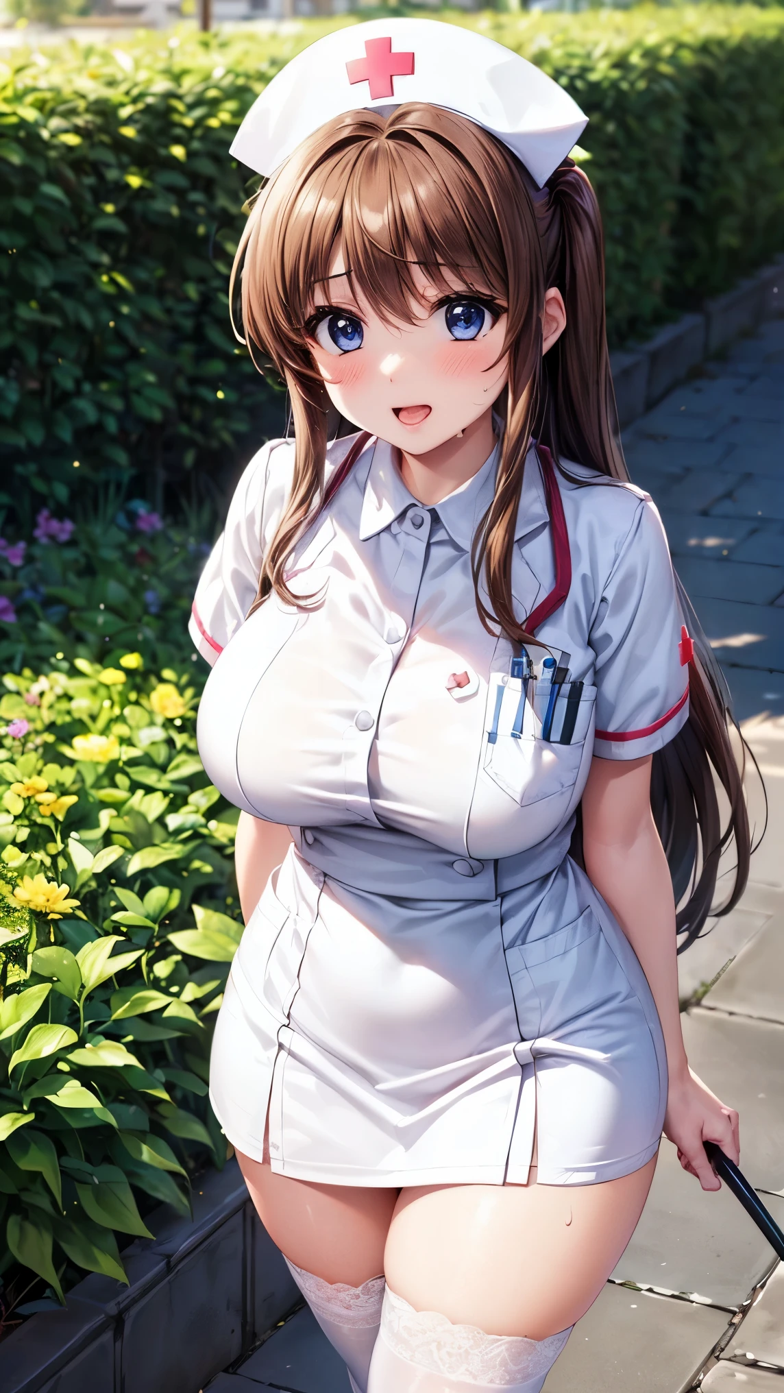 best quality,1girl,((big breasts:1.5)),((orgasm,blush,sweat,steam)),tongue out,ahegao, nanoha takamachi, takamachi nanoha, brown hair, long hair, ((straight hair:1.5)), blue eyes, ((nurse, nurse cap, breast pocket, collared dress, short dress, short sleeves, thighs, white dress, white headwear, mini skirt, lace legwear:1.3)),walking,garden