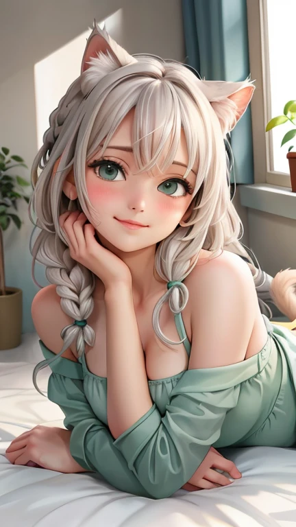 (photorealism:1.2), anime style, beautiful pregnant woman, 30 years old woman, lying on her back, looking up, wearing tight and short off-shoulder top, cropped top, pajama shorts, long curly hair, indoors, soft lighting, plants in background, window with sunlight, cozy room, realistic, intricate details, warm colors, white hair, cat ears, hands tied together over her head, small cup size, braided, rote schleife im haar, smirk, blush, perfect hands, thin lips,