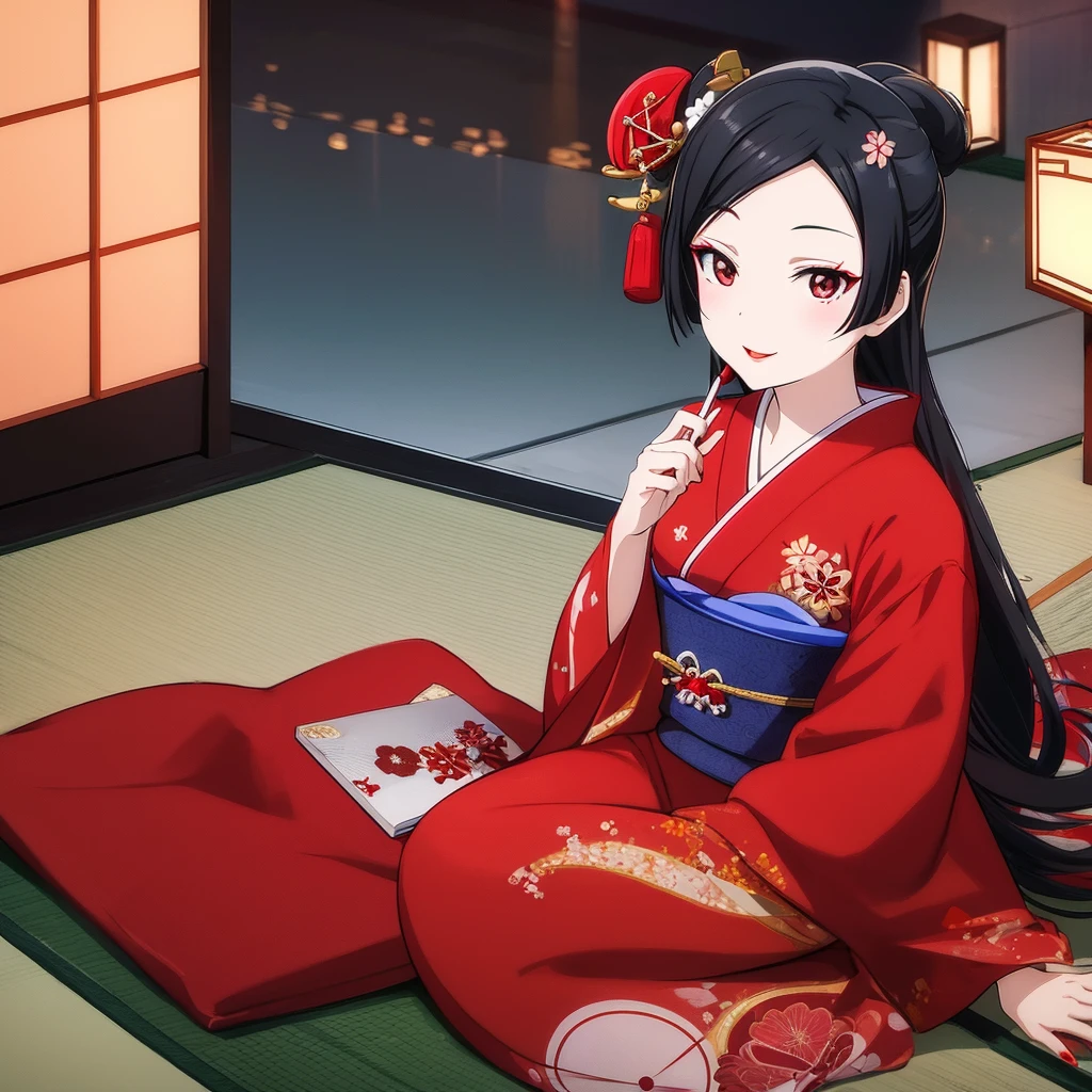 Geisha, geisha make up, light smile, red lips, kimono, red eyeshadow, black hair, black eyes, sit on tatami, looking at viewer, night, moonlight, 