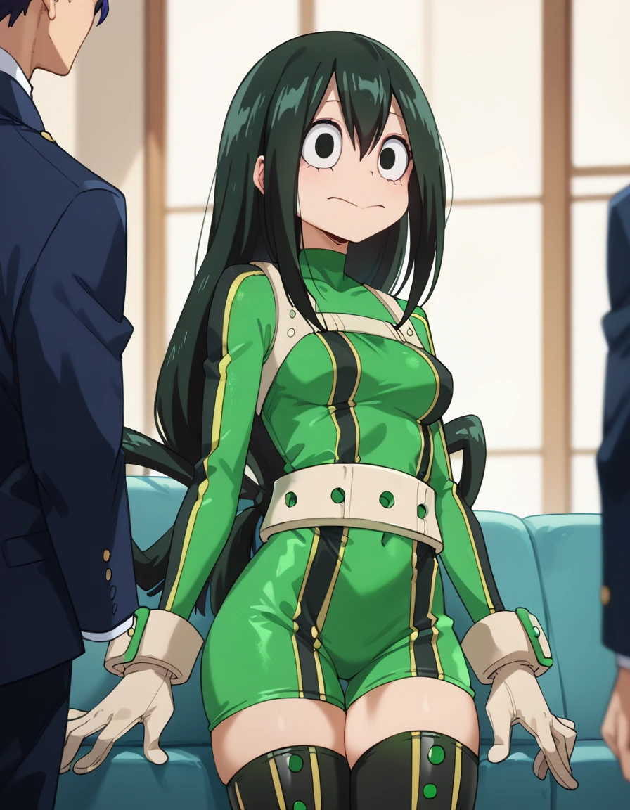 (side angle), Tsuyu Asui, ite-body, costume, froppy costume, slender body, tiny waist. sexy body, sexy figure, slim thighs, sexy, tiny waist, desireable, tempting, lust